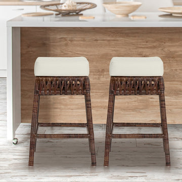Bali Rustic Bohemian Hyacinth/Wood Backless Counter Stool - JONATHAN Y